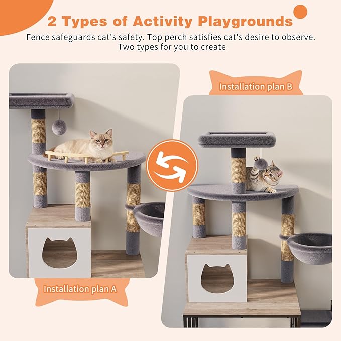 HavenlyYouth Cat Tree for Self-Cleaning Litter Box, 67.3''H Multi-Level Cat Tower for Automatic Litter Box 28.9H*24.1''L*21.1''D, Cat Tree Furniture with Perch and Cozy, Light Gray