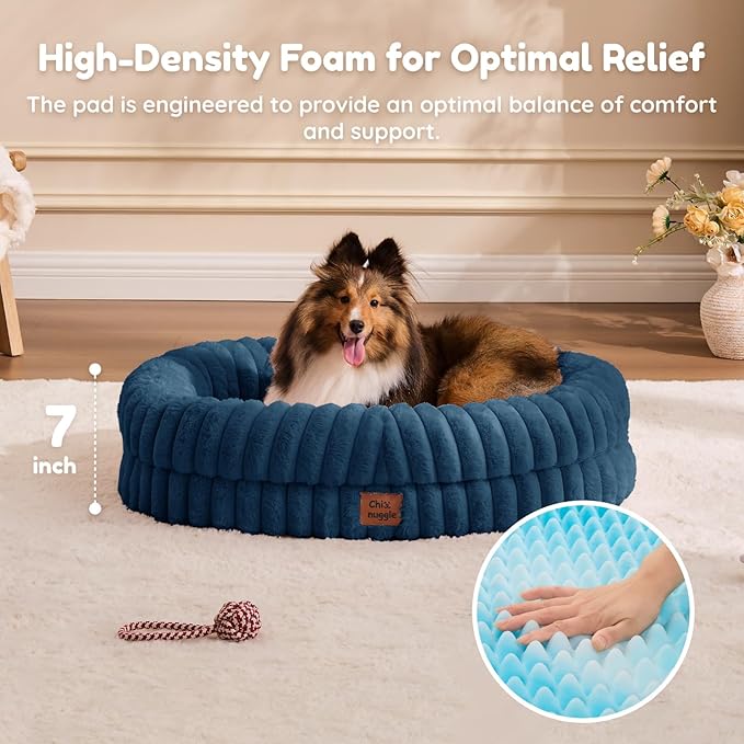 ChiXnuggle Dog Bed Medium Sized Dog - Luxury Striped Faux Fur Waterproof Pet Couch with Removable Washable Cover, Orthopedic Pet Bed with Bolster Sides for Sleeping, Midnight Blue