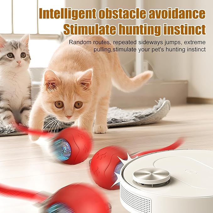 Interactive Cat Toys Ball for Indoor Cats, 2025 Newly Upgraded Automatic Rolling Balls, Moving Cat Ball with Elastic Mesh Tail, Kitten Toys for for Bored Indoor Adult Cats/Dog (Grey)
