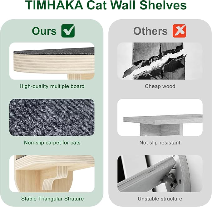 TIMHAKA 3 Pcs Cat Wall Shelves, Wooden Kitten Wall Climber for Indoor Cats, Cat Wall Furniture with Non-Slip Carpet for Climbing, Jumping & Playing