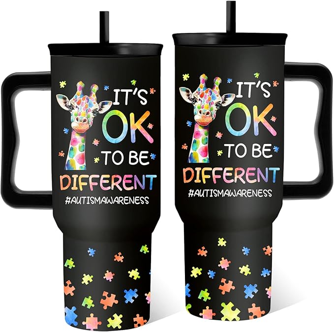 Autism Tumbler 40 Oz, Autism Awareness Tumbler With Handle, It's Ok to Be Different Giraffe Cup, Birthday Christmas Gifts For Autistic Person, Autismo Gift Black