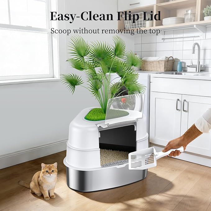 XXL Stainless Steel Corner Cat Litter Box with Lid, Enclosed Hidden Plant Litter Box with Artificial Plant, Easy-Clean Covered Decorative Litter Box for Large Cats, White