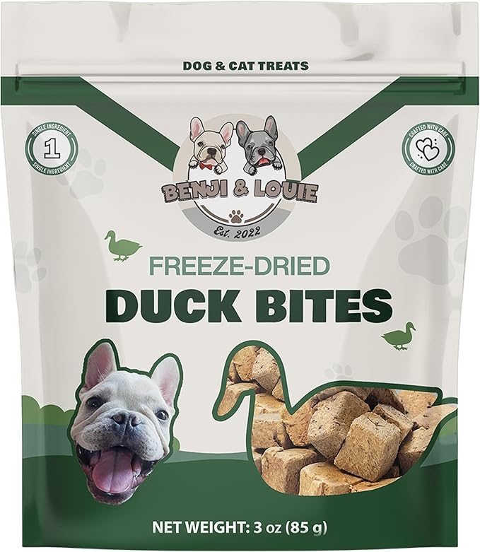 Benji & Louie Freeze Dried Duck Bites for Dogs & Cats – Single Ingredient Treats, Grain-Free – 3 oz (85 g) (Duck)