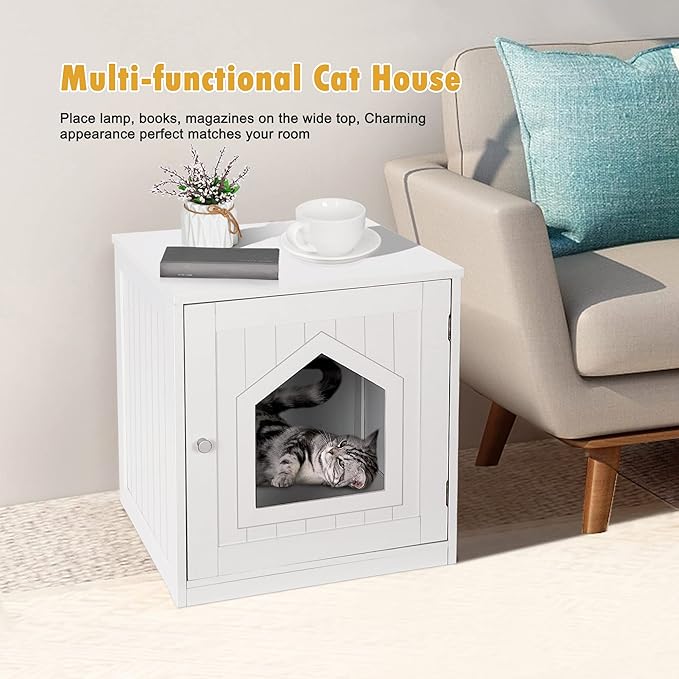 Litter Box Enclosure Cat Litter Box Furniture Hidden Litter Box Furniture Indoor Box Cabinet Cat House Side Table Nightstand (White)