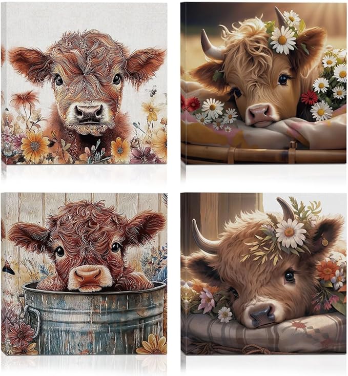 4 PCs Cow Decor Canvas Wall Art Framed Wall Decor, Cow Gifts Art Prints Paintings, Farm Animal Pictures Floral Country Poster Home Decorations for Nursery Bedroom Farmhouse Living Room