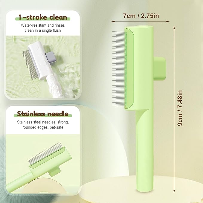 Pet Hair Removal Comb Flea Comb, 2025 Upgrade Cat Grooming Brush, Cat Brush with Release Button, De-Shedding Hair, Dog Grooming Supplies, Fine-Tooth Massage (Blue+Green)