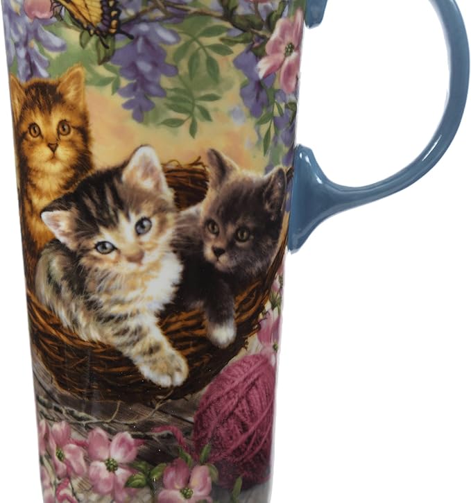 CEDAR HOME Travel Coffee Ceramic Mug Porcelain Latte Tea Cup With Lid 17oz. Flower and Cat