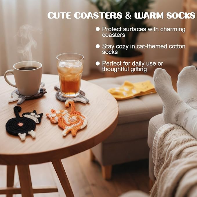Cat Lover Gift Set for Women, 25 Pack with Tote Bag, Socks, Pens, Sticky Notes, Paper Clips and Crochet Coasters, Teacher Appreciation Gifts for Women, End of School Year