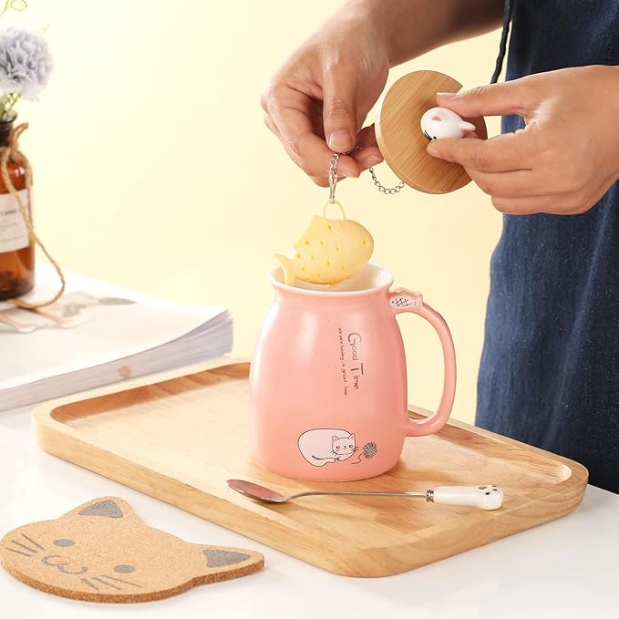 BigNoseDeer 2Pcs Kawaii Cat Mug Cute Tea Cup with Infuser Ceramic Coffee Mugs Cute Cool Preppy Stuff Gifts for Women Birthday Gifts for Cat lovers13oz