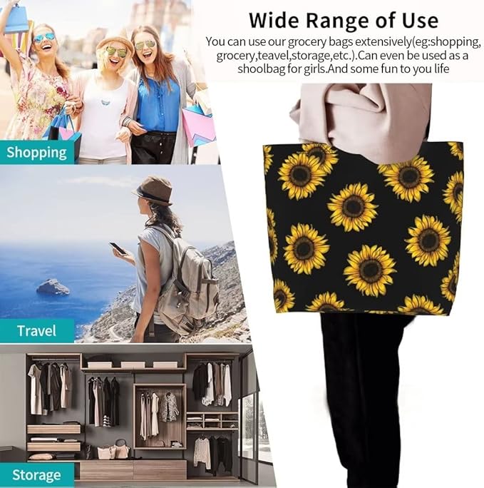 Funny Sunflower Theme Grocery Large Tote Bag for Women, Yellow Floral Print Shoulder Reusable Beach Shopping Handbags Casual Travel Polyester Sunflower Gifts for Teacher Mother