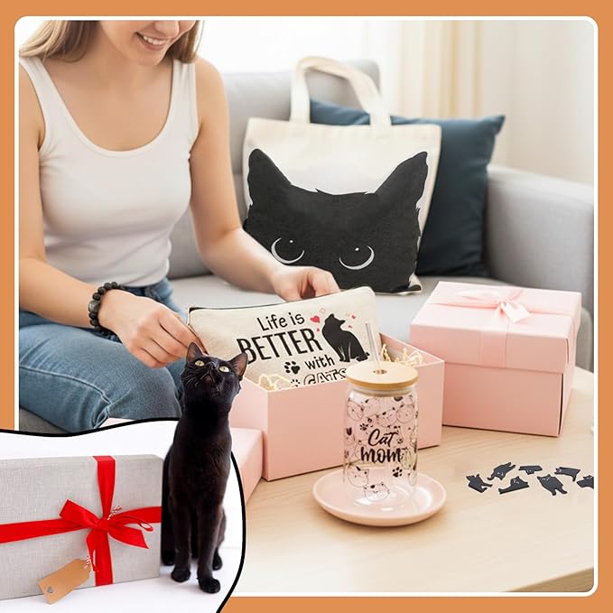 Cat Mom Gifts for Women,Black Cat Themed Gift Set with Glass,Canvas Tote Bag,Makeup Bag,Keychain,Bracelet and Magnetic Bookmarks,Unique Cat Lover Gift Box for Mother’s Day
