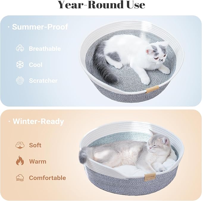 CHEERHOME PETS Cat Bed Basket with Cushion, Cotton Rope Woven Pet Bed for Indoor Cats Couch, Kitten Bed for Medium and Large Cat, All Season Universal (Grey)