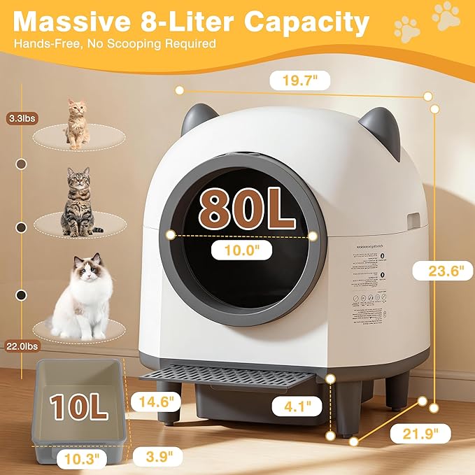Automatic Self Cleaning Litter Box for Multiple Cats, Featuring 80L Large Capacity, APP Control, Safety Sensor & Odor-Free Waste Disposal, Includes 2 Roll Garbage Bags (Enclosed-Top)