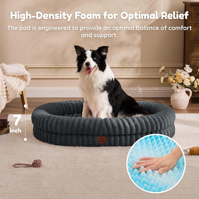 ChiXnuggle XL Dog Bed - Luxury Striped Faux Fur Waterproof Pet Couch with Removable Washable Cover, Orthopedic Dog Bed with Bolster Sides for Sleeping, Dark Grey