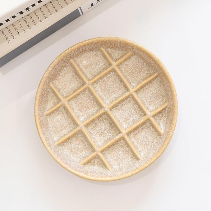 Ceramic Slow Feeder Bowls 6 Inch Shallow Whisker Friendly Food Bowls Grid Dishes - Pet Plates for Cat and Puppy, Dishwasher Safe (Khaki)