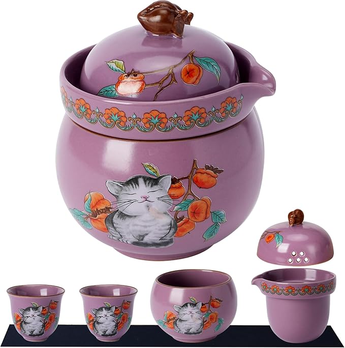 Mini Tea Cups,Cute Lucky Cat Cups,Small Tea Mugs,Porcelain Gongfu Tea set with 3 in 1,Tea Sets for Adults,Ceramic Tea Infuser Cup for Loose Leaf for Women/Tea Lovers/Birthday/Mother's Day (Purple)