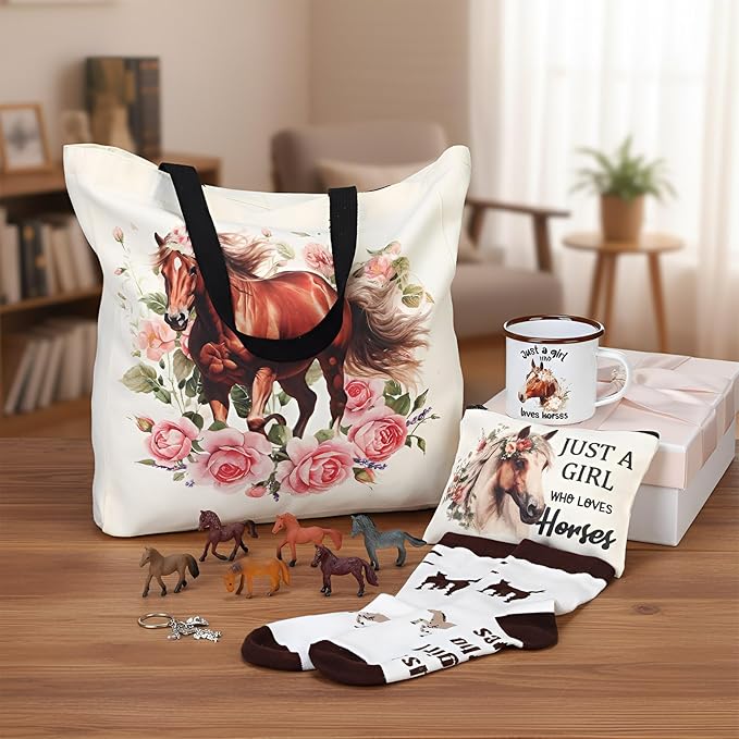 Horse Lover Gifts for Women Birthday Gifts Baskets Set Include Canvas Tote Bag, Makeup Bag, Socks, Keychain, Enamel Mug, Small Figurines for Mom, Wife, Sister, Friend