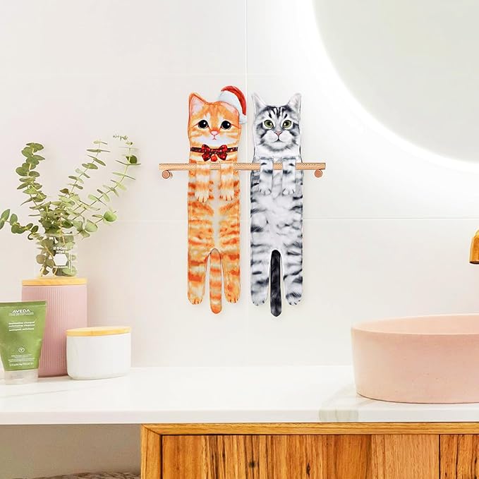 Funny Hand Towels for Bathroom Kitchen Decor - Cute Cat Hanging Hand Towel Kitchen Gadgets - Unique Housewarming Birthday Christmas Cat Lover Gift Ideas for Women Mom Lady Adults
