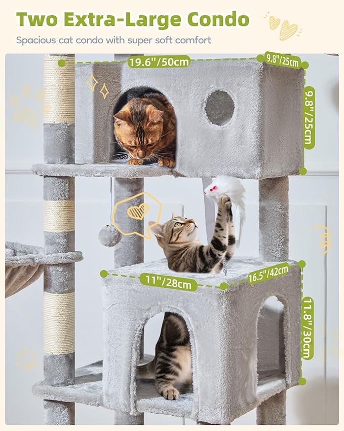 Taoqimiao Cat Tree Tower, 76-Inch Sturdy Cat Tree for Indoor Cats Large Adult Cat Tower with Scratching Posts，2 Condos, 2 Perches, 2 Large Hanging Baskets, Soft Hammock, MS046W Light Gray