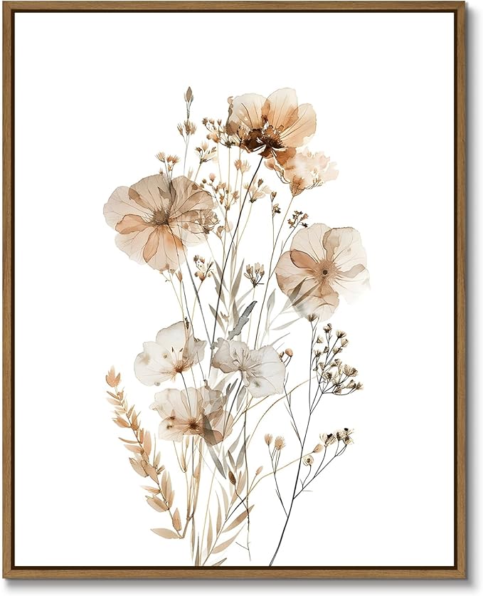 Neutral Watercolor Botanical Wall Art Vintage Floral Canvas Art Prints Orange Flower Plants Picture Minimalist Wall Decor Boho Artwork Framed for Girls Room Bedroom Living Room Decoration, 8"x10"x1Pcs