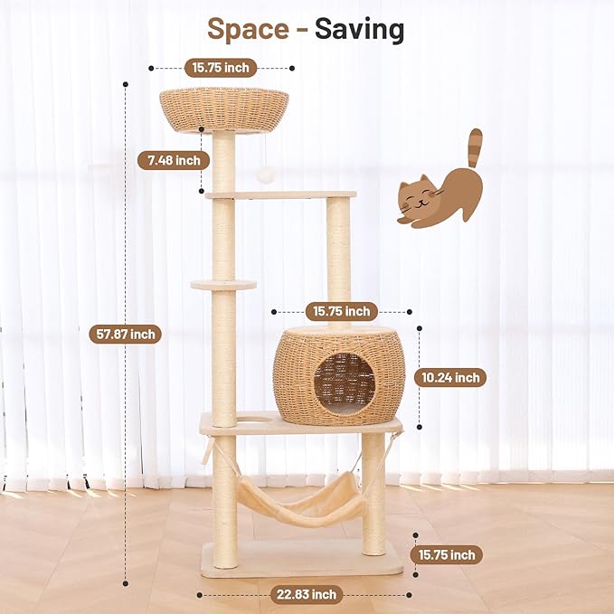 Modern Rattan Cat Tree House Condo Tall Heavy Duty Cat Climbing Tower with Scratching Post,Basket,Bed,and Stand for Indoor Large Cat