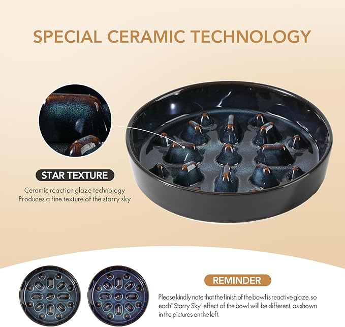 Ceramic 1.6 Cup Raised Slow Feeder Dog Bowl Set, Elevated 7.3inch Bowl and 8.2inch Slow Feeder Dish with Acacia Wood Stand for Medium and Large Dogs (2 x Starry Sky+ Stand)