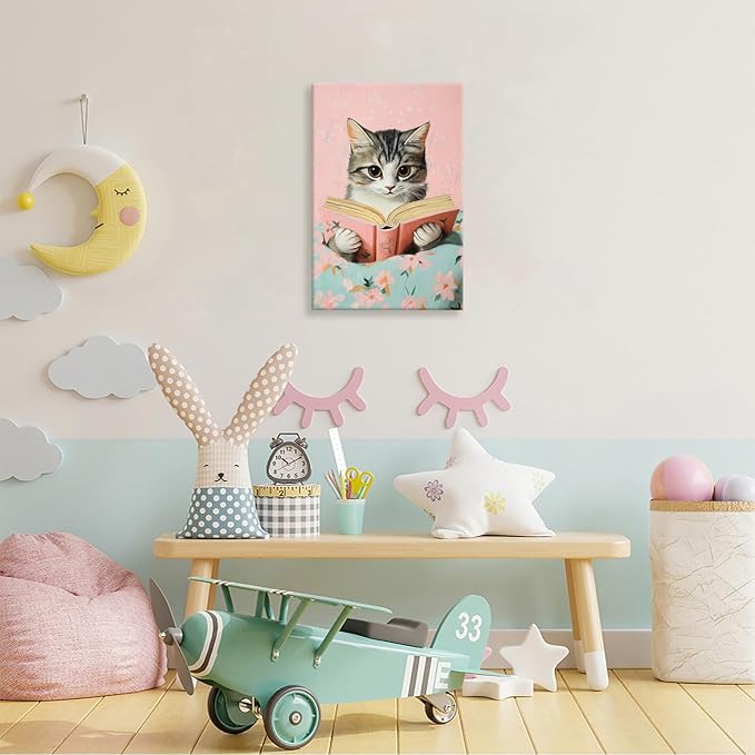 Vintage Cat In Bed Canvas Wall Art Funny Cute Cats Reading Books Poster Retro Pink Girls Room Pet Animal Aesthetic Prints Painting For Home Bedroom Kids Room Dorm Wall Decor 8x12in Framed