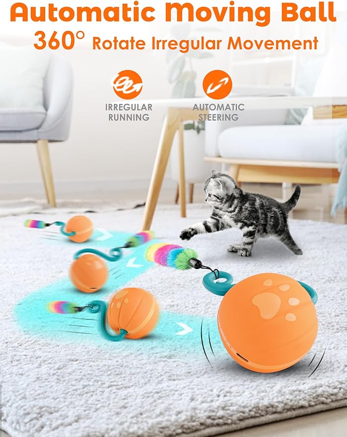 Interactive Cat Ball Toy for Bored Indoor Kitten, Automatic Moving Cat Ball with 4 Feather & LED Flash Lights, Smart Sound and Touch Control, USB-C Rechargeable