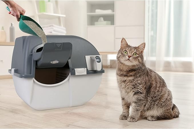 Omega Paw Premium Roll 'N Clean Self Cleaning Litter Box with Integrated Litter Step and Unique Sifting Grill for Quick Maintenance, Large Size, Gray