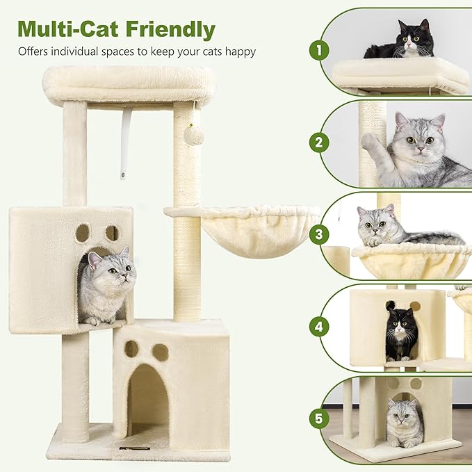 Small Cat Tree Tower for Indoor Cats, 40 in Medium Compact Adults Cat Beds Trees with 2 Condos, Sisal Scratching Post, Large Perch Platform, Multi-Level Kitty Kitten Climbing Stands House(Beige)