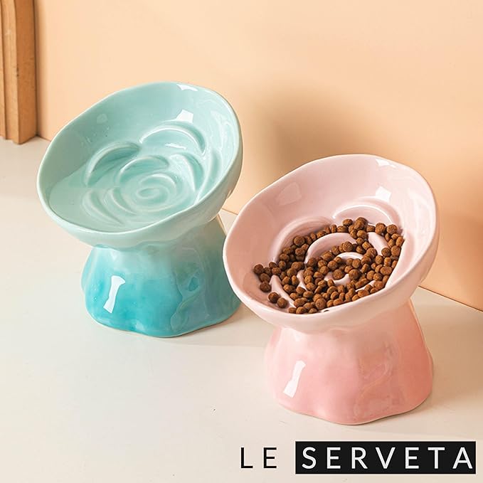 Elevated Ceramic Cat Bowl, Tilted Slow Feeder Pet Dish with Gradient Color Coating, 3.3 Ounces Capacity, Anti-Gulping Design with Rose Bouquet Design (Gradient Pink)