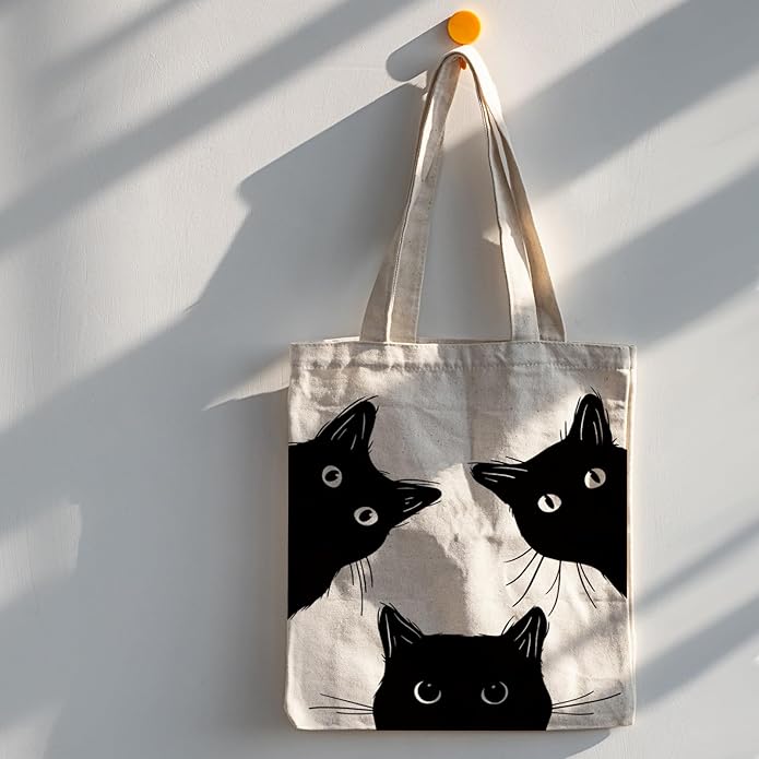 Black Cat Tote Bag Set Gifts for Cat Lovers, Book Lovers Gifts for Women, 4Pcs Bookish Reading Accessories for Readers Librarian, Includes Canvas Tote Bag, Bookmark, Brooch, keychain