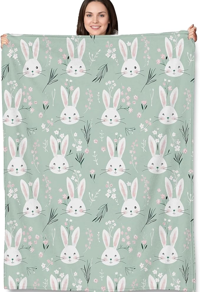 Bunny Rabbit Blanket Gifts - Cute Bunny and Floral Soft Fleece Throw Blankets - Perfect for Kids, Women,Girls, and Spring Decor - 50x60 Inches
