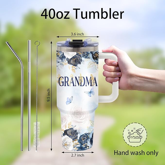 Grandma Gifts - Birthday Gifts for Grandma 40oz Tumbler with Handle and Straws, Stainless Steel Insulated Travel Mugs, Leak-Proof, Christmas Gift Floral Cup for Grandmas from Grandchildren Grandkids