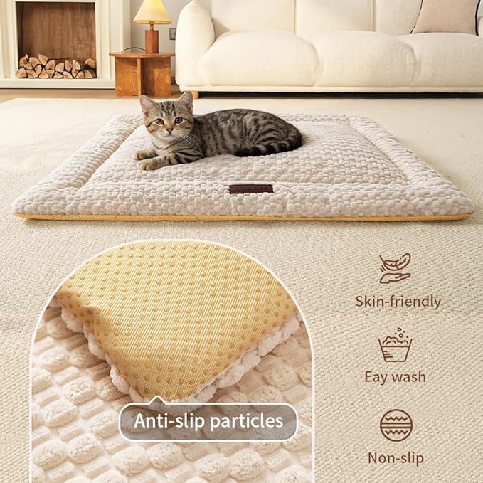 SOMAHE Plush Cat Kneading Bed Mat, Premium Plush Fabric Bed with Non-Slip Bottom, 3cm Thick All-Season Cushion for Cats Who Knead, Machine Washable Anti-Static Pet Bed, 23x15 Inch, Milk