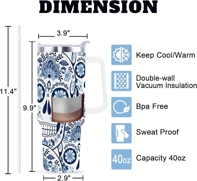 Goth Gifts Goth Tumbler Halloween Tumbler 40 Oz Sugar Skull Gifts Cup For Women Men Spooky Skeleton Travel Mug with Handle Lid and Straw