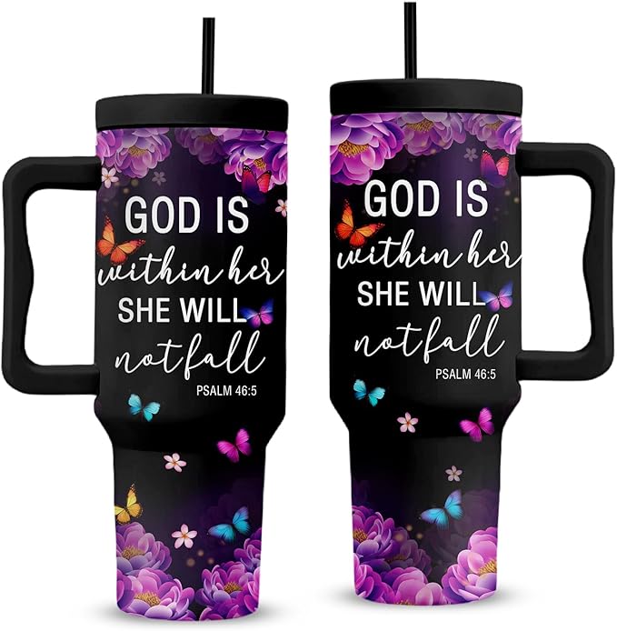 Christian Gifts For Women, Christian Tumbler 40 Oz, God Is Within Her She Will Not Fall, Christmas Inspirational Religious Cup For Women, Christmas Travel Coffee Tumbler