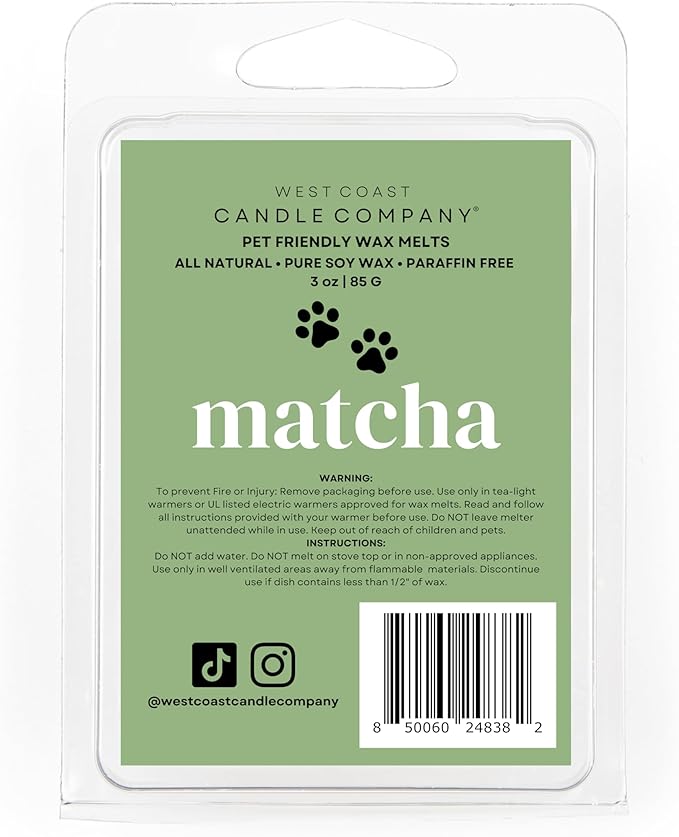Matcha | Pet Safe Wax Melts | All Natural Soy | Non-Toxic | Dog Friendly | Vet Approved | Long Lasting Home Fragrance | Pet Odor Eliminator | Clean Burning Wax Cubes | Safe Air Freshener
