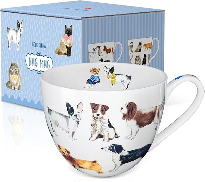Cute Dog Mugs for Daily Coffee and Tea, Premium 20 oz Bone China Coffee Tea Hug Mug, Perfect Holiday, Birthday, and Christmas Gift for Dog Lovers, Designed in England by Harvest Green Studio