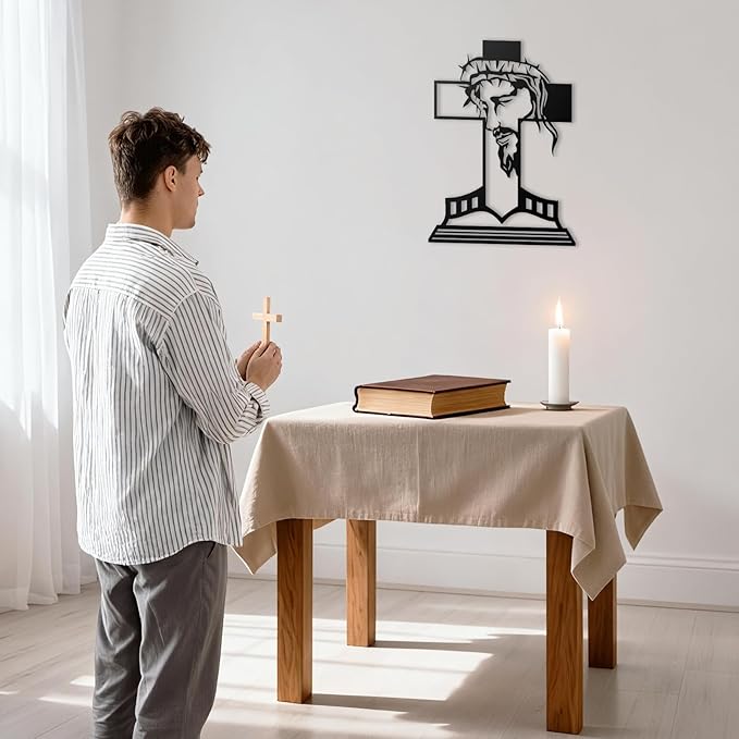 MDFUGEG Metal Cross Jesus Wall Decor-14.5x10.04in Black Religious Wall Art for Christian Catholic | Home Church Living Room Bedroom Decor, Baptism Mother's Day Religious Gifts