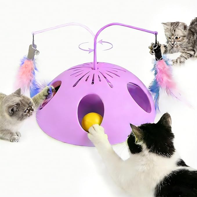 Cat Toys 3in1 Automatic Interactive Cat Toy for Indoor Cats,Interactive Kitten Toy, Fluttering Feather, Track Balls, Rotating Track Feather Enrichment Kitty Toys (Pink)