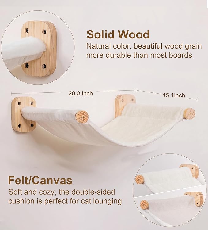 Cat Wall Hammock Set of 3, Wall Shelves with 1 Floating Fabric Hammock, 2 Cat Ladders with 4 Steps Each, Wall Mounted Bed Furniture & Climber for Large Cats
