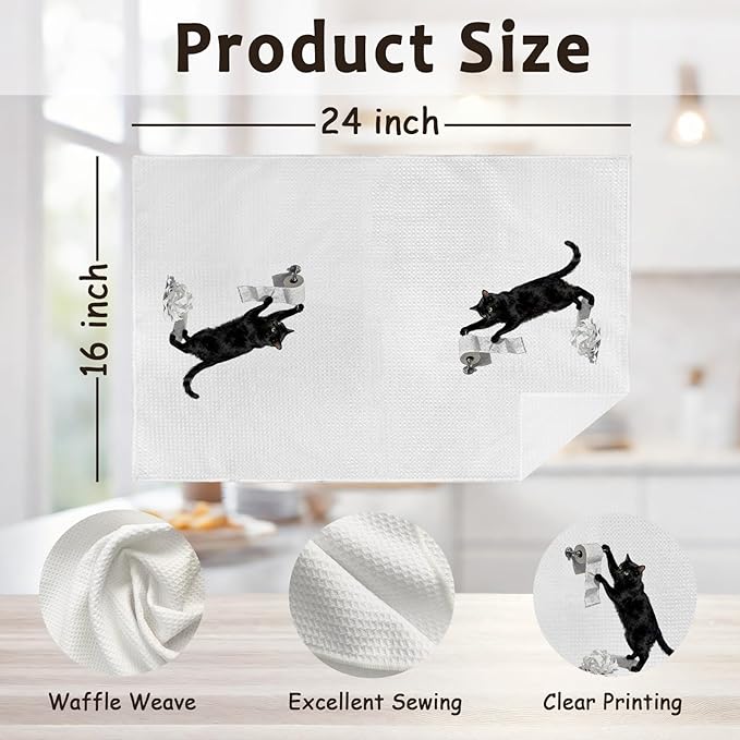 Funny Black Cat Hand Towels Gifts for Women Men, Black Cat Themed Decorative Hand Towels Set of 2, Cute Cats Dish Tea Towels for Kitchen Bathroom Washroom Toilet Decor Decorations, 16x24 Inch