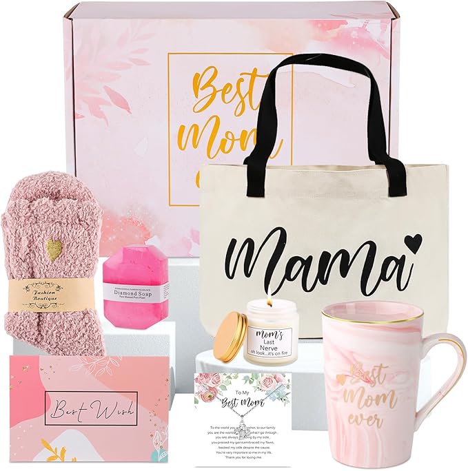 DHQH Best New Mom Gifts for Mom from Daughter Son,Gift Basket for Women Birthday Gifts for Mother-in-law Thanksgiving Presents with Candle box Tote Bag