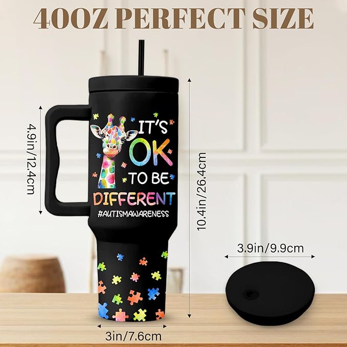 Autism Tumbler 40 Oz, Autism Awareness Tumbler With Handle, It's Ok to Be Different Giraffe Cup, Birthday Christmas Gifts For Autistic Person, Autismo Gift Black