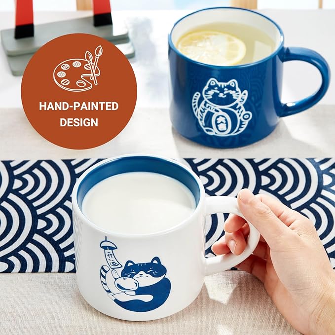 Cute Coffee Mugs Hand Painted, Food Safety, Japanse White Cat Mug 16oz large, Dishwasher & Microwave Safe Daily Office and Home