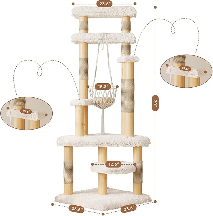 70" Modern Solid Wooden Cat Tree Tower for Large Adult Indoor Cats, Multi-Level Luxury Cat Furniture with Sisal Scratching Post & Hammock, White