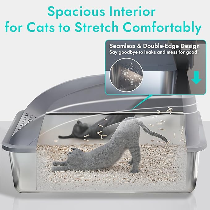 Stainless Steel Litter Box, Metal Litter Box with Scoop, High-Sided Leak-Proof Design, Non-Stick Base, Easy to Clean for Cat, Rabbit, Guinea Pigs and Hamsters