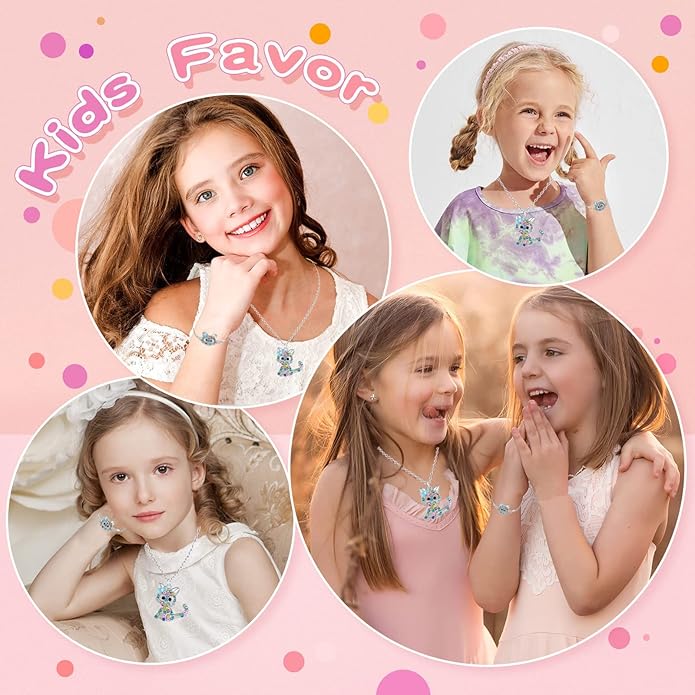 Lovely Rainbow Rhinestone Cat Jewelry Set For Girls Pendant Necklace Girl Jewelry Gift For Girls Daughter Granddaughter Niece Christmas Gift Girl Birthday Gift over 3 years old.