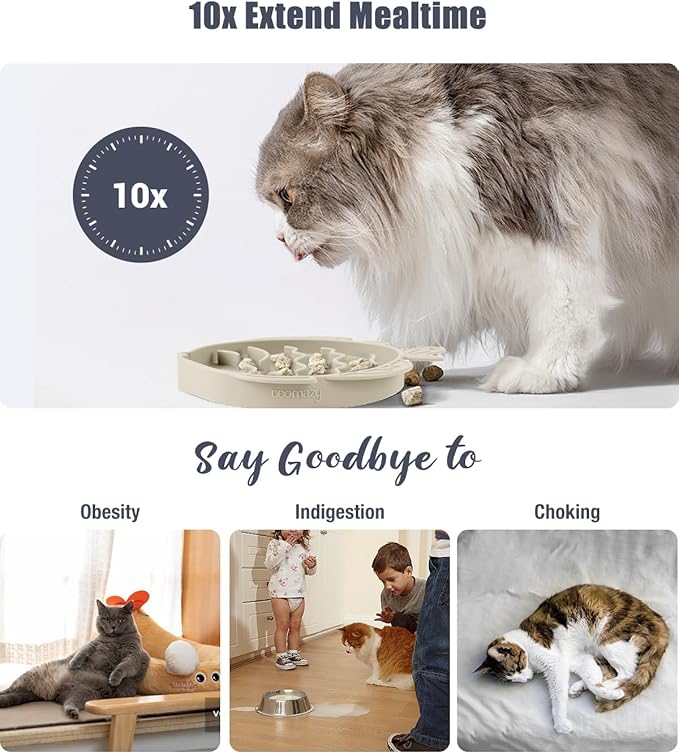 Coomazy 2-in-1 Silicone Slow Feeder Dog Cat Bowls, Lick Mat Interactive Puzzle Toy for Pets Food Training, Keeps Dogs Cats Busy, Prevents Puppy Kitty Overeating (Beige, 1.2 Cup)